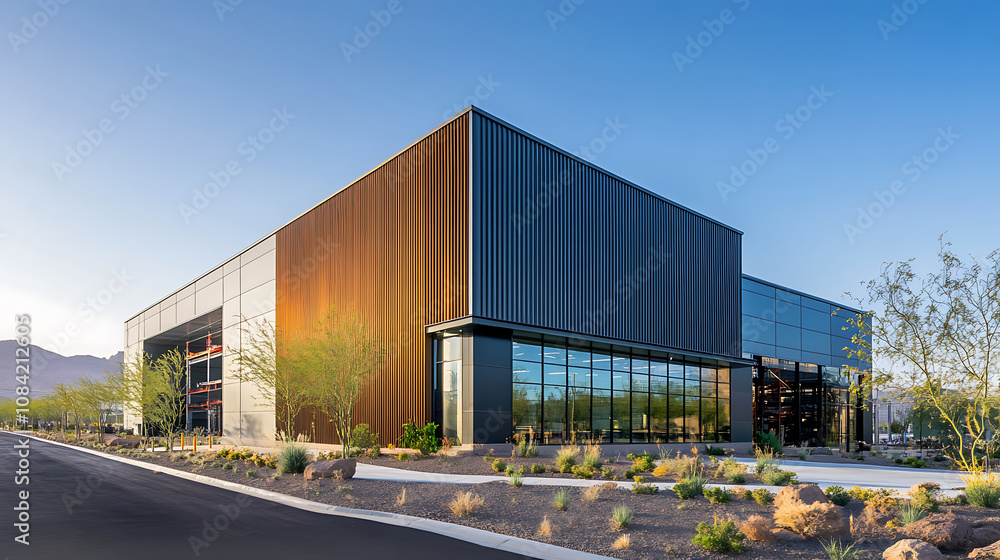 Fototapeta premium Sleek Steel Exterior of Modern Warehouse Office Building 