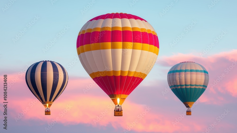 Naklejka premium Colorful Hot Air Balloons in a Beautiful Sky During Sunrise, Floating Above the Landscape with Soft Clouds and a Warm Color Palette in the Background