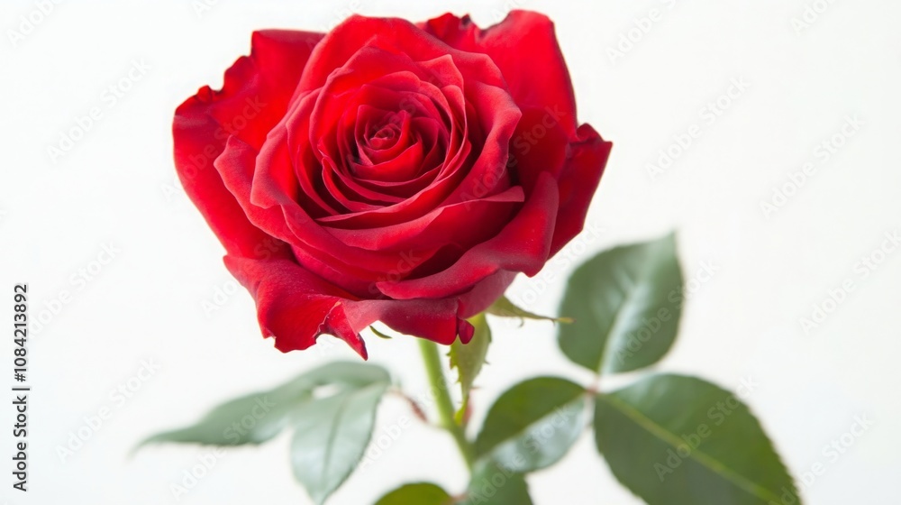 Fototapeta premium A vibrant, fully bloomed red rose with a short stem and green leaves, displayed against a white background. 