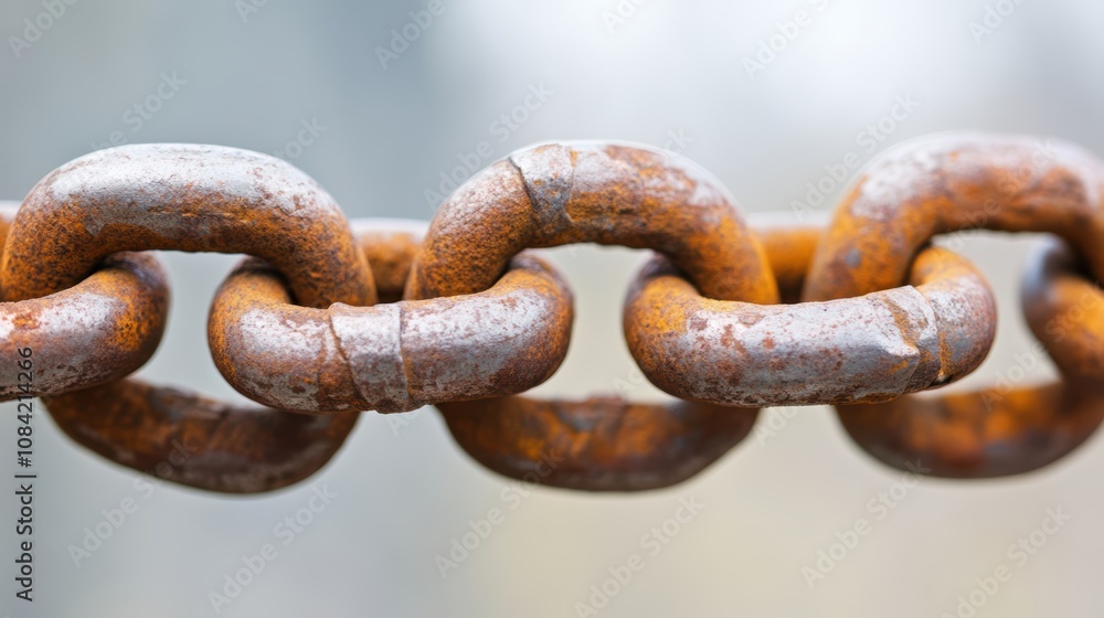 Fototapeta premium A close-up image of a rusted chain link, showcasing its weathered texture and details, This photo can be used in articles about durability, protection, or industrial themes,