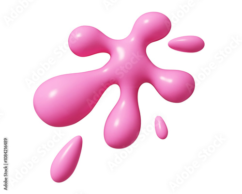 Pink liquid splash with smooth rounded edges, featuring scattered droplets around main blob shape. Realistic 3d vector glossy surface with fluid shape. Abstract decorative element for creative design.