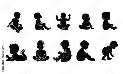 Set of baby and toddler silhouette isolated on white background. Sitting, crawling and standing. Vector illustration