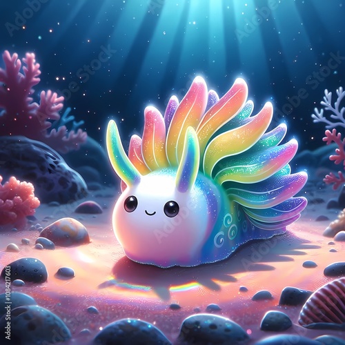 A cute mysterious rainbow trail sea slug in the sea, surrounded by small rocks and seaplants, sunlight filtering through the water photo