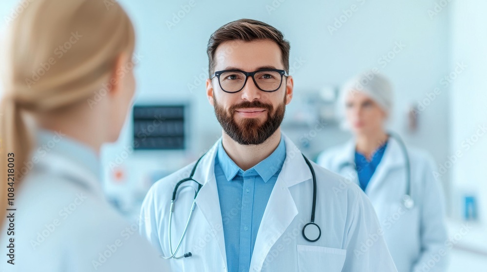 Fototapeta premium Professional Male Doctor with Beard in White Coat Smiling at Camera in Modern Medical Office with Colleagues in Background Engaged in Healthcare Discussion