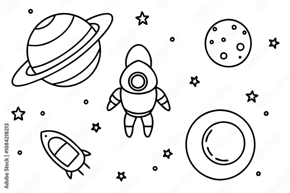 Fototapeta Explore the Cosmos: Space-Themed Page with Planets, Rockets, and Floating Astronauts