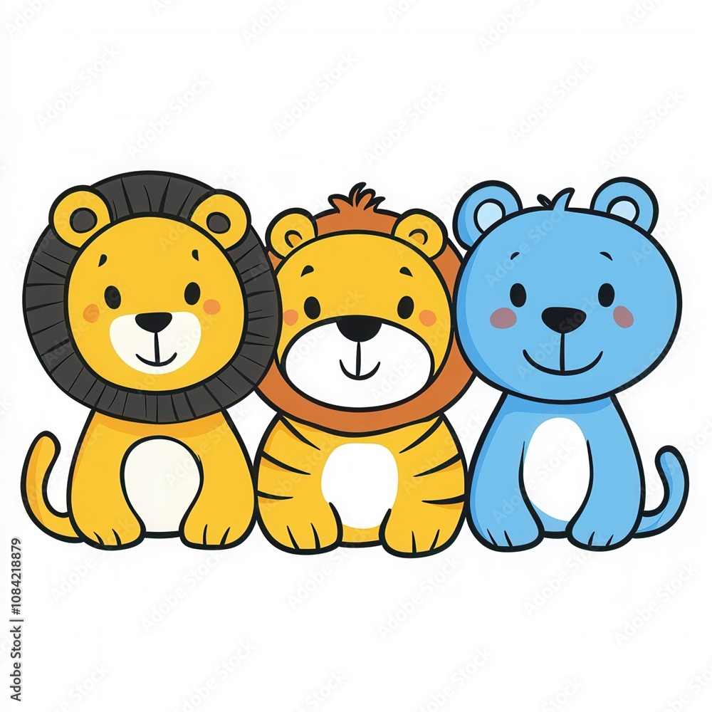 Obraz premium A group of cute cartoon lions and a bear, perfect for children's illustrations and playful designs. isolated on white background