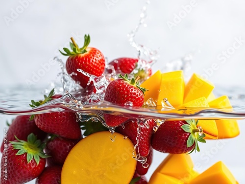 Fresh strawberries and mango slices being splashed with water, food, tropical