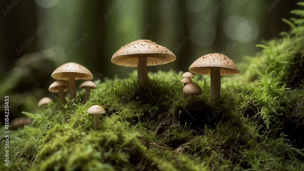 Fototapeta premium A close-up of mushrooms growing in the forest grass during autumn, showcasing wild fungi like boletus and cep with brown caps, moss, and greenery