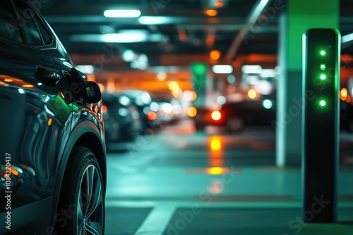 Wallpaper Mural Close-up of a CCTV camera on a wall in a car park, cars charging at an electric vehicle station with a green energy display Torontodigital.ca