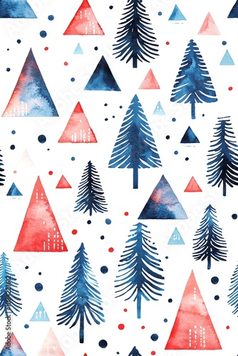 Modern abstract watercolor pine trees and geometric ornaments, minimalist style, winter colors on white background