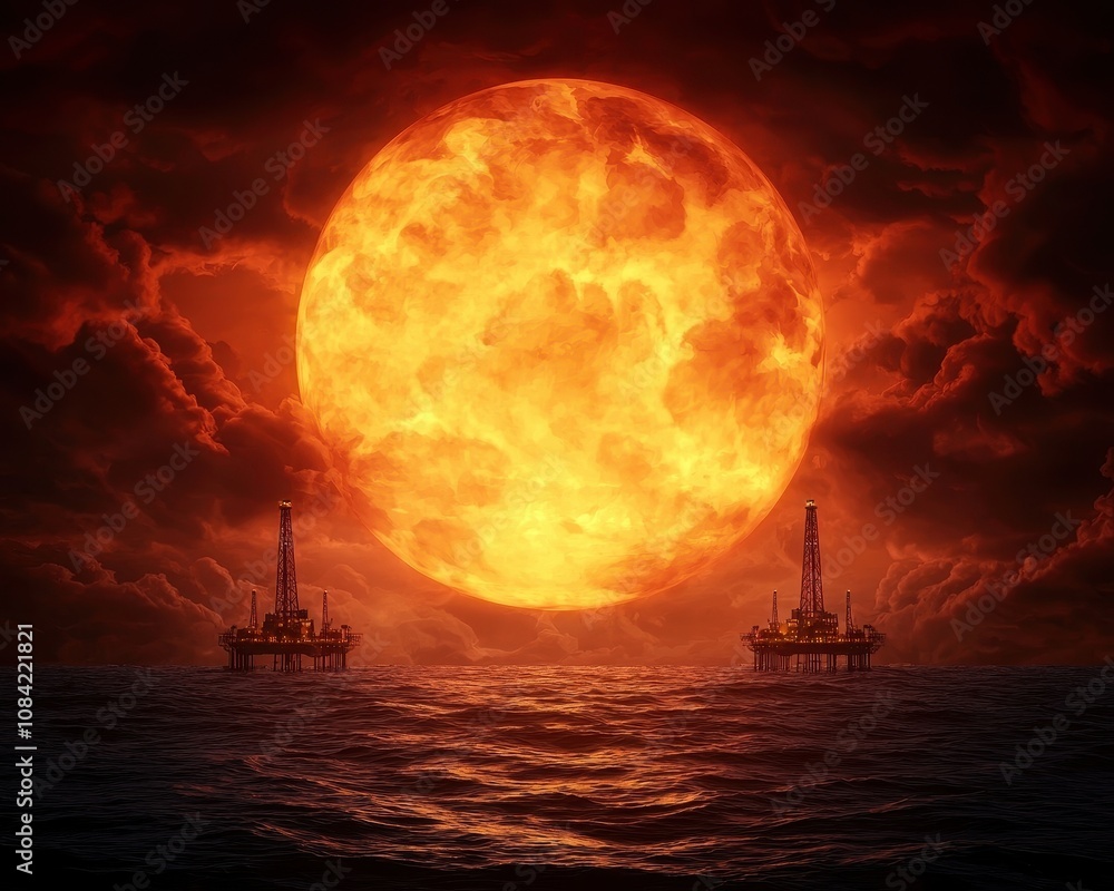 Fototapeta premium A dramatic sunset over ocean oil rigs, with a fiery sun illuminating clouds, creating a striking contrast against the dark waters.