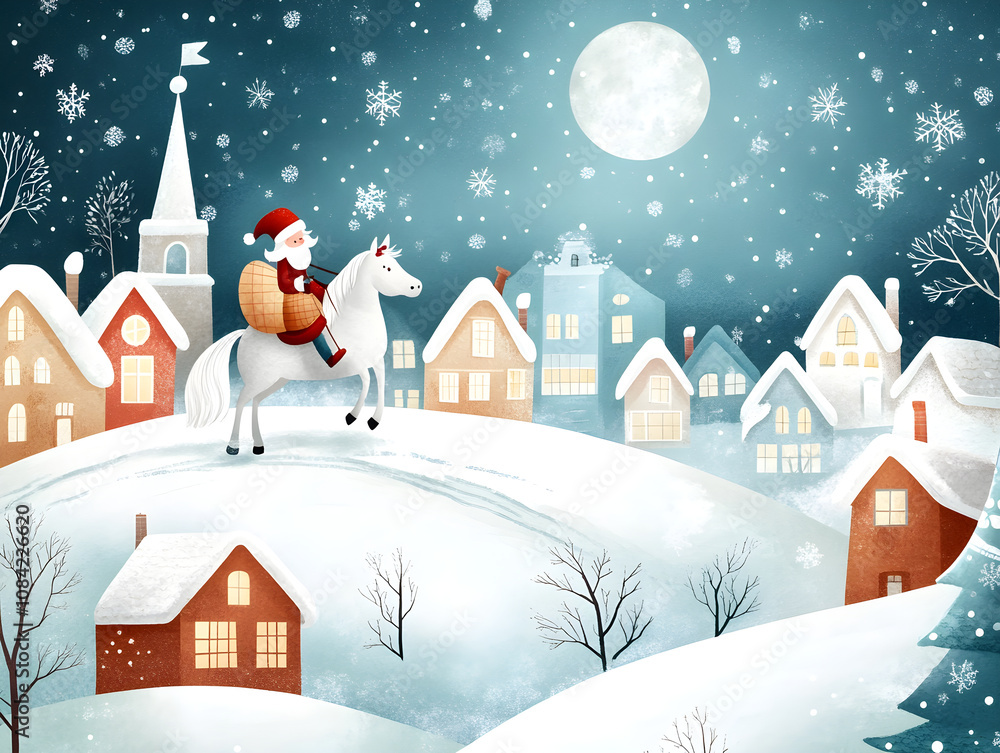 Naklejka premium Sinterklaas dutch Santa on white horse on snow rooftops at night in Amsterdam. Greeting card for Netherlands holiday. Celebration concept for children party in Saint Nicolas day five december.