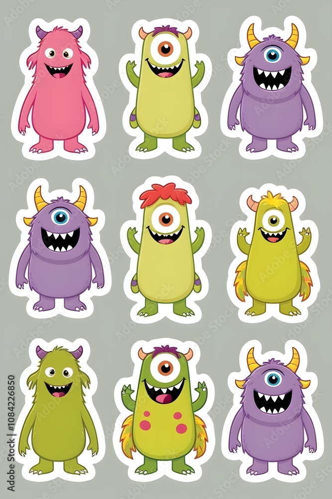 Fototapeta premium Adorable Collection of Nine Playful Cartoon Monsters: A Delightful Set of Colorful and Cheerful Monster Stickers, Perfect for Kids' Crafts, Party Decorations, or Scrapbooking Projects
