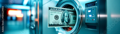 A close-up view of a washing machine with a dollar bill partially inserted, symbolizing money laundering or financial transactions.
