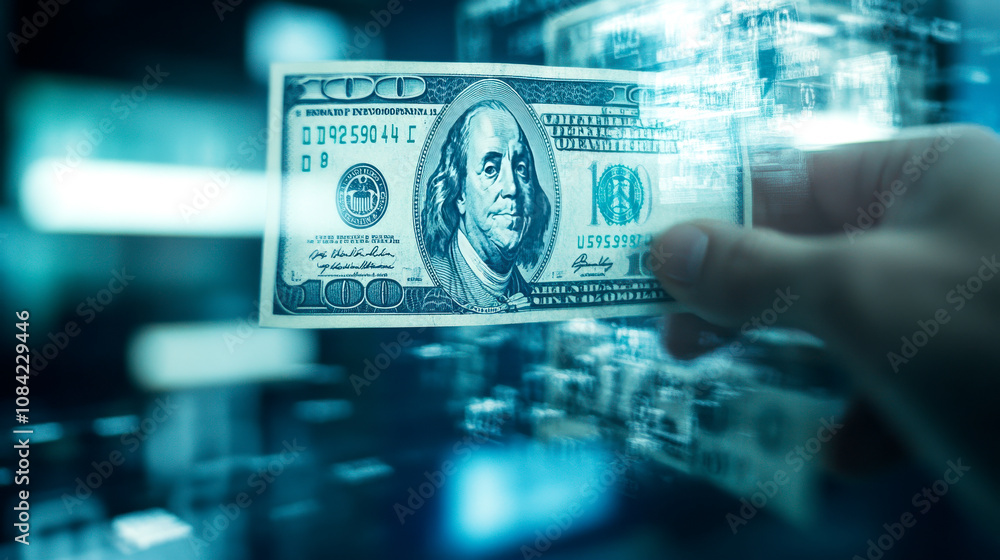 Fototapeta premium A close-up of a hand holding a hundred-dollar bill against a backdrop of blurred digital screens, symbolizing finance and technology.