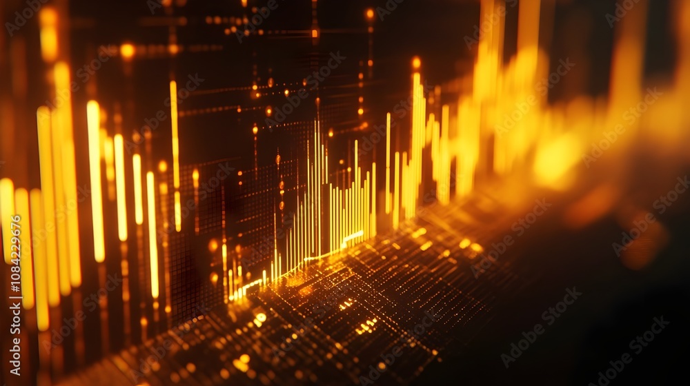Obraz premium futuristic, cinematic scene featuring a glowing financial chart with golden lines and bars representing market trends and economic growth. Concept for stock investments, and financial analysis, forex