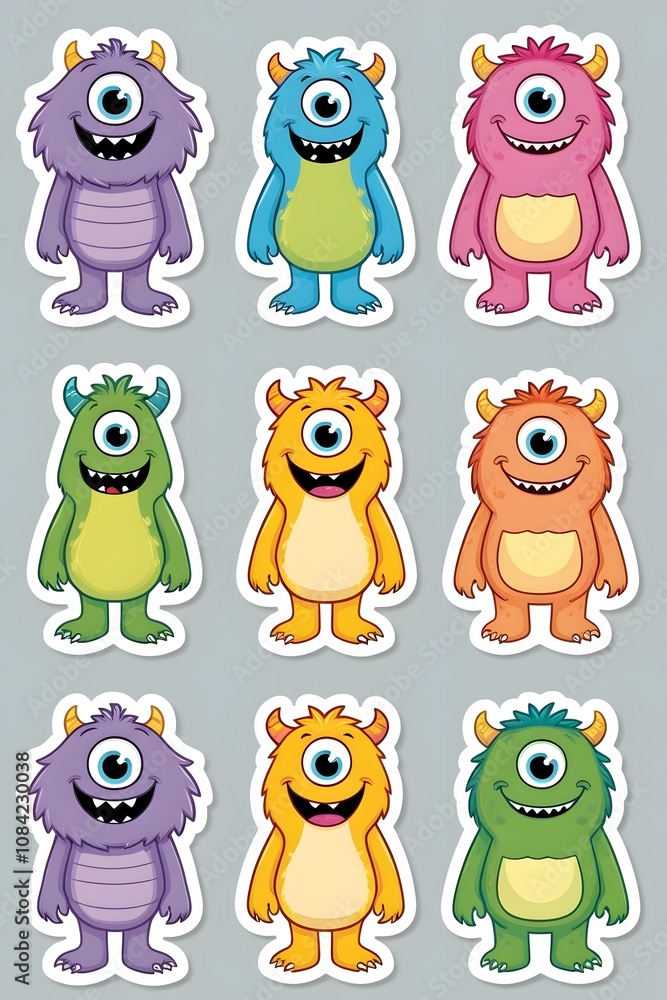 Obraz premium Adorable Collection of Nine One-Eyed Monsters: Colorful Cartoon Characters with Playful Expressions, Perfect for Kids' Stickers, Prints, or Digital Designs