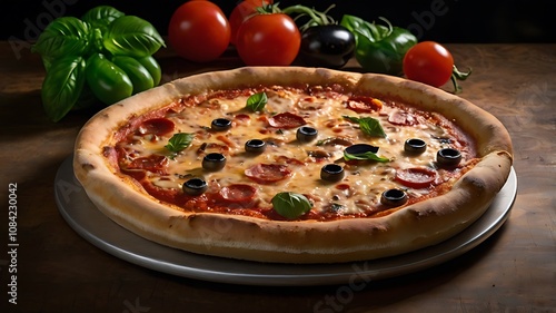 Pizza is a classic and beloved Italian pizza known for its simplicity and vibrant flavors. photo