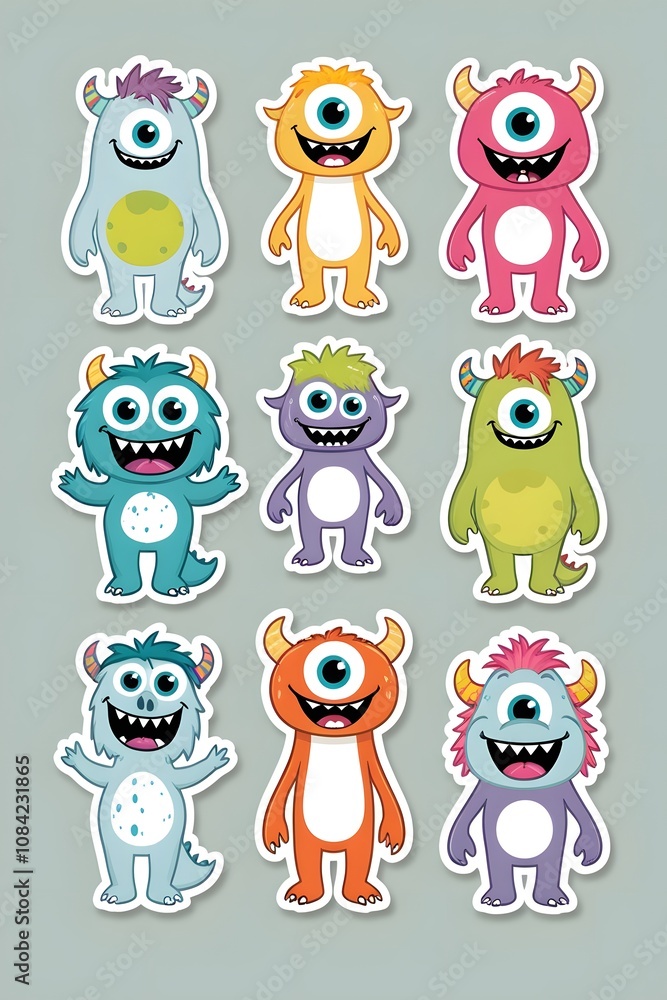 Fototapeta premium Nine Adorable One-Eyed Monsters: A Collection of Playful Cartoon Characters for Kids, Featuring Vibrant Colors and Happy Expressions, Perfect for Children's Books, Stickers, or Educational Materials
