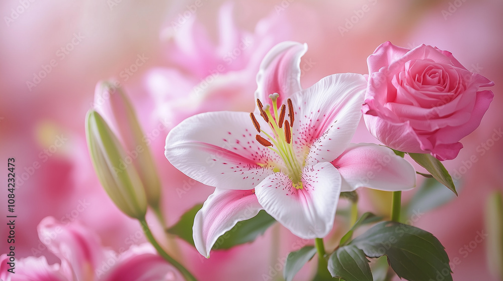 Fototapeta premium Pink lily and rose flowers in soft pastel arrangement