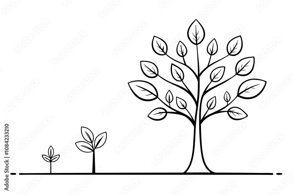 Obraz premium Journey of a Tree, Line Drawing from Birth to Growth - Vector Illustration