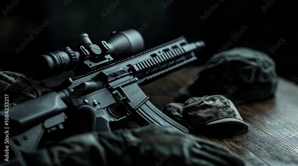 Obraz premium Close-up of a sleek, modern automatic rifle with a telescopic sight, set against a dark, moody backdrop.