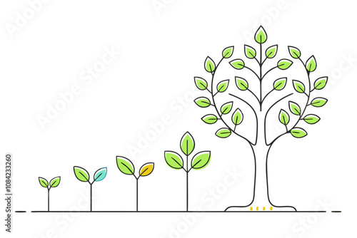 Journey of a Tree, Line Drawing from Birth to Growth - Vector Illustration