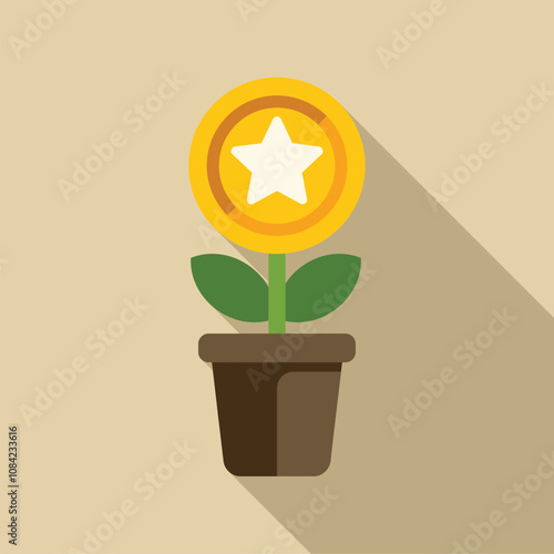 Golden coin with star growing in a pot, symbolizing investment growth and financial success