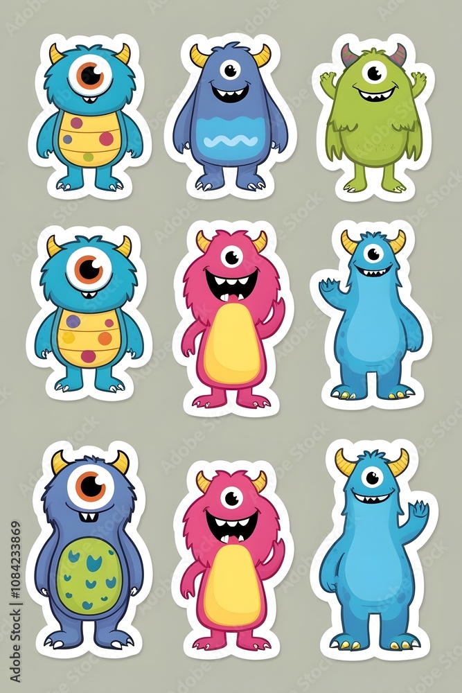 Obraz premium Nine Adorable One-Eyed Cartoon Monsters: A Collection of Playful, Colorful Characters Perfect for Kids' Stickers, Prints, and Designs
