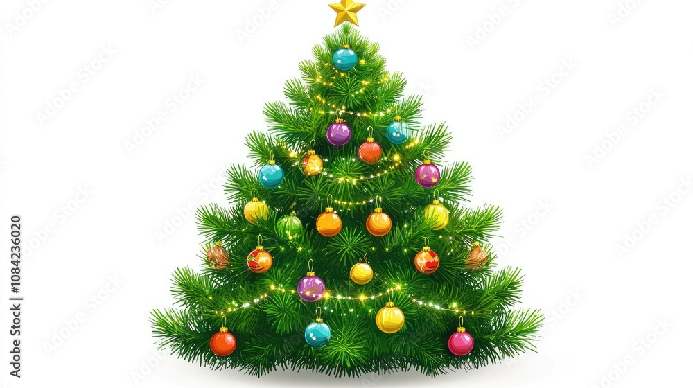 Fototapeta premium A Christmas tree, festive element, flat vector design, bright green with colorful baubles, isolated on white background 