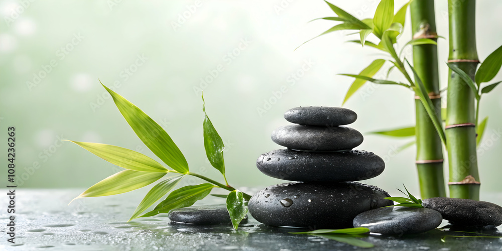 Naklejka premium Glossy background with zen stones and bamboo plants copy space on side. concept as Serene glossy background featuring zen stones and bamboo plants arranged harmoniously symbolizing balance and tranqui