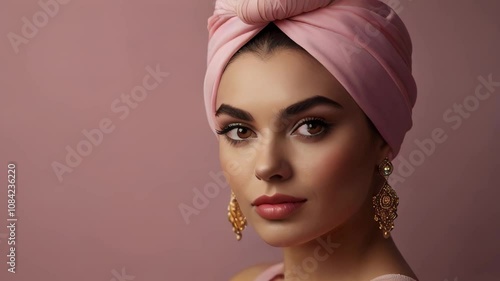 Woman in Stylish Pink Headscarf. Beautiful Elegant Romantic Female Portrait. Fashion and Style Concept. Modern Shopping Accessories