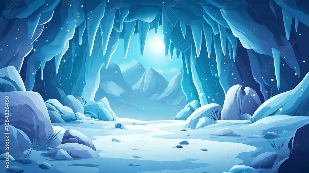 Obraz premium Exploring a frozen cave with icy stalactites and a serene glow in a winter landscape