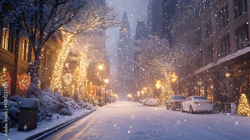 Blurred Winter Background of Snowy City Street at Twilight with Holiday Lights. photo