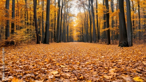 A serene autumn forest path blanketed in golden leaves invites tranquility and reflection, ideal for nature-themed articles, seasonal promotions, and calming background images, photo