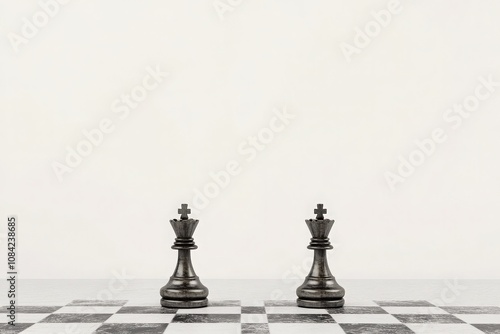 The chessboard features two kings lying down, signaling an end to the game. The stark contrast of black and white pieces creates a striking visual on a calm, neutral background. photo