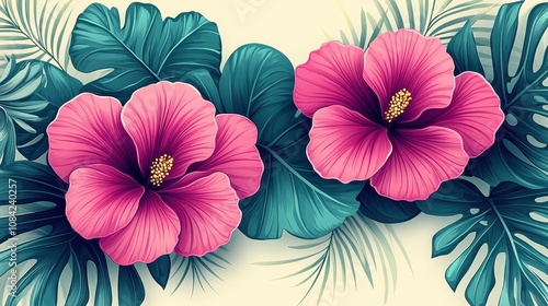 Wallpaper Mural Vibrant Pink Hibiscus Flowers Surrounded by Lush Green Tropical Leaves on a Soft Background for Natural Beauty and Floral Designs Torontodigital.ca
