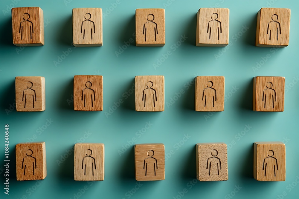 Fototapeta premium Minimalist Wood Block People Arrangement on Blue Background