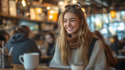 Coffee shop in college town, bustling with students and study groups photo