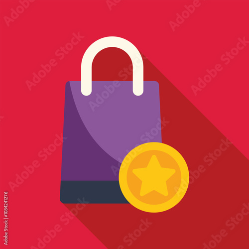 Loyalty program gold coin with star and purple shopping bag representing customer reward points and bonus system