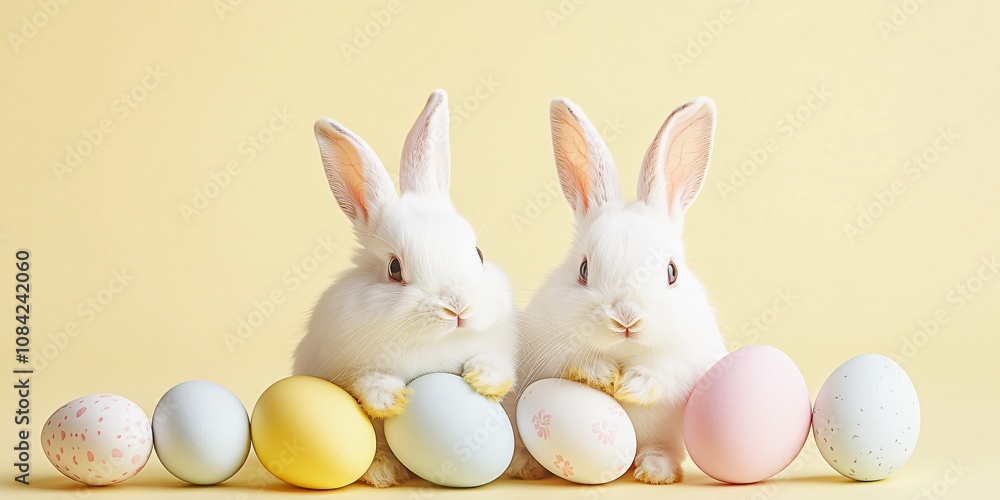 Fototapeta premium Two white rabbits are standing next to each other and holding eggs. There are a total of nine eggs in the scene, with some of them being yellow and some being white