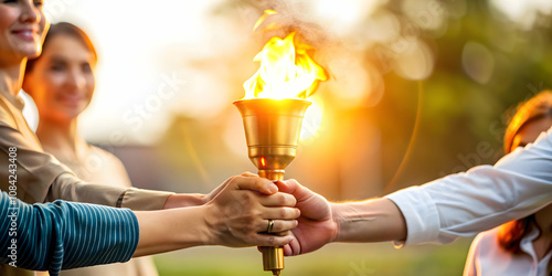 Soft abstract image of people passing a torch with warm glow and copy space above. concept as Individuals passing a lit torch to one another with a warm glow and soft abstract effects symbolizing trus