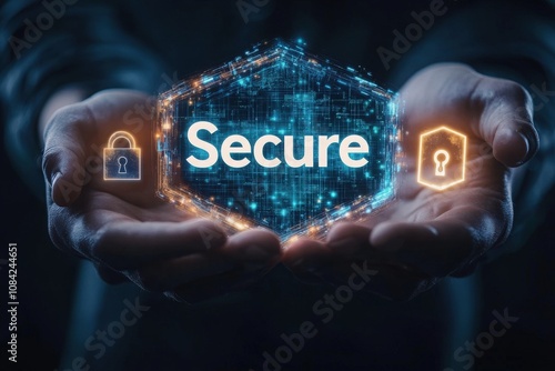 A cybersecurity specialist showcases virtual security elements with hands open, emphasizing the importance of secure technology and data protection in todays digital environment.