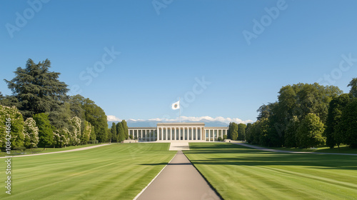 United Nations Office Geneva Surrounded by Greenery and Blue Sky