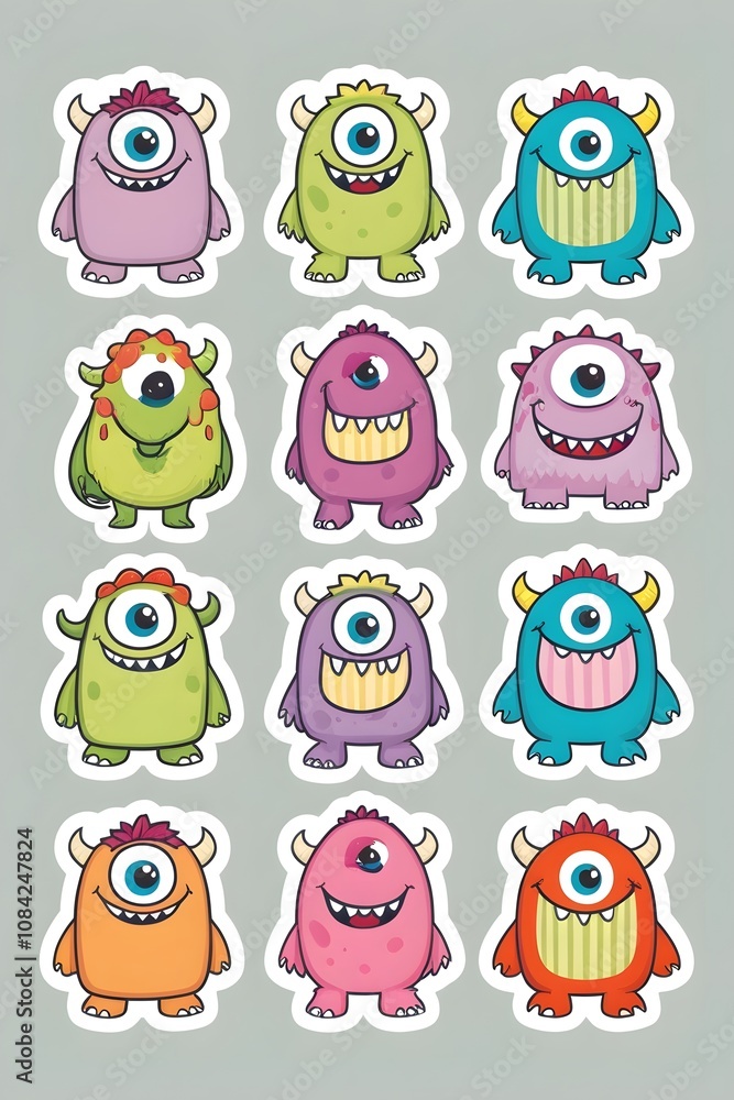 Obraz premium A Delightful Collection of Twelve One-Eyed Cartoon Monsters: Vibrant Colors and Playful Designs for Kids