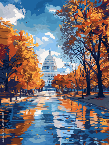 Painting of a Washington city street with a large building in the background. The street is wet from rain and the leaves on the trees are orange