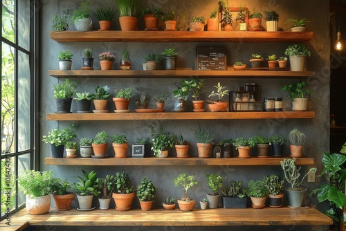 Wallpaper Mural charming coffee shop shelves lined with various potted plants, creating a cozy and inviting atmosphere. the greenery adds a touch of nature, enhancing the ambiance and customer experience Torontodigital.ca