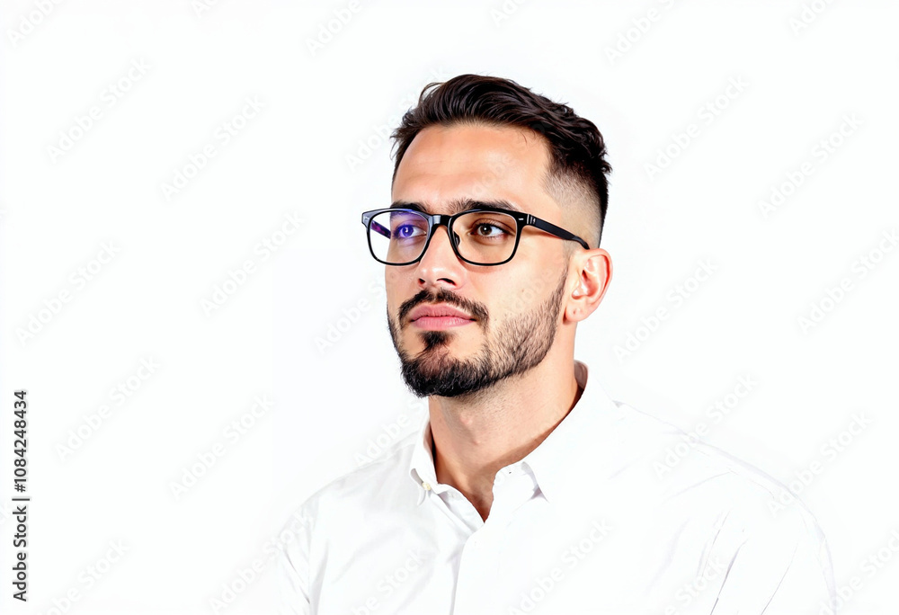 Obraz premium Young Man with Glasses Looking Up Against Bright White Background