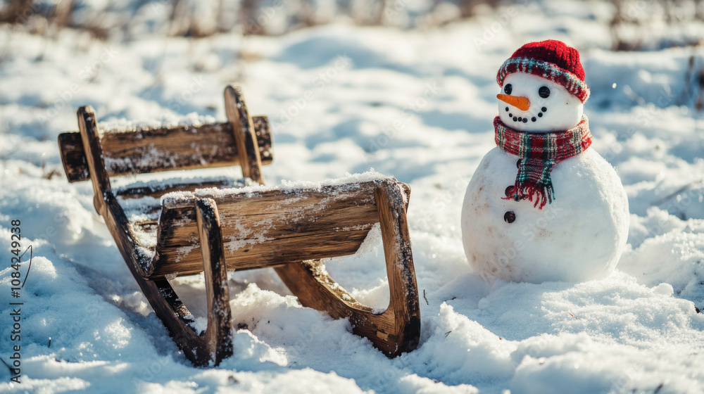 Naklejka premium Vintage wooden sleds in snowy landscape with cheerful snowman - winter holiday scene