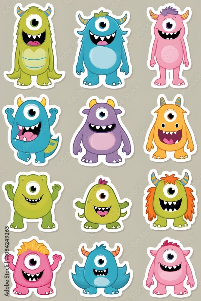Fototapeta premium A Colorful Collection of Twelve Adorable One-Eyed Cartoon Monsters: Playful Illustrations Featuring Unique Designs and Vibrant Hues, Perfect for Kids' Stickers, Prints, or Digital Designs.
